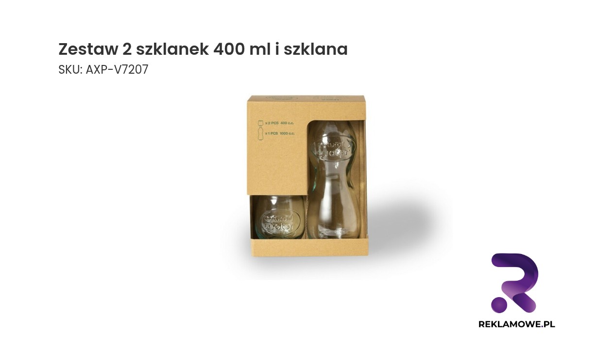 Zestaw 2 szklanek 400 ml i szklana butelka 1000 ml Zestaw dwóch szklanek o pojemności 400 ml i dodatkowej szklanej carafki